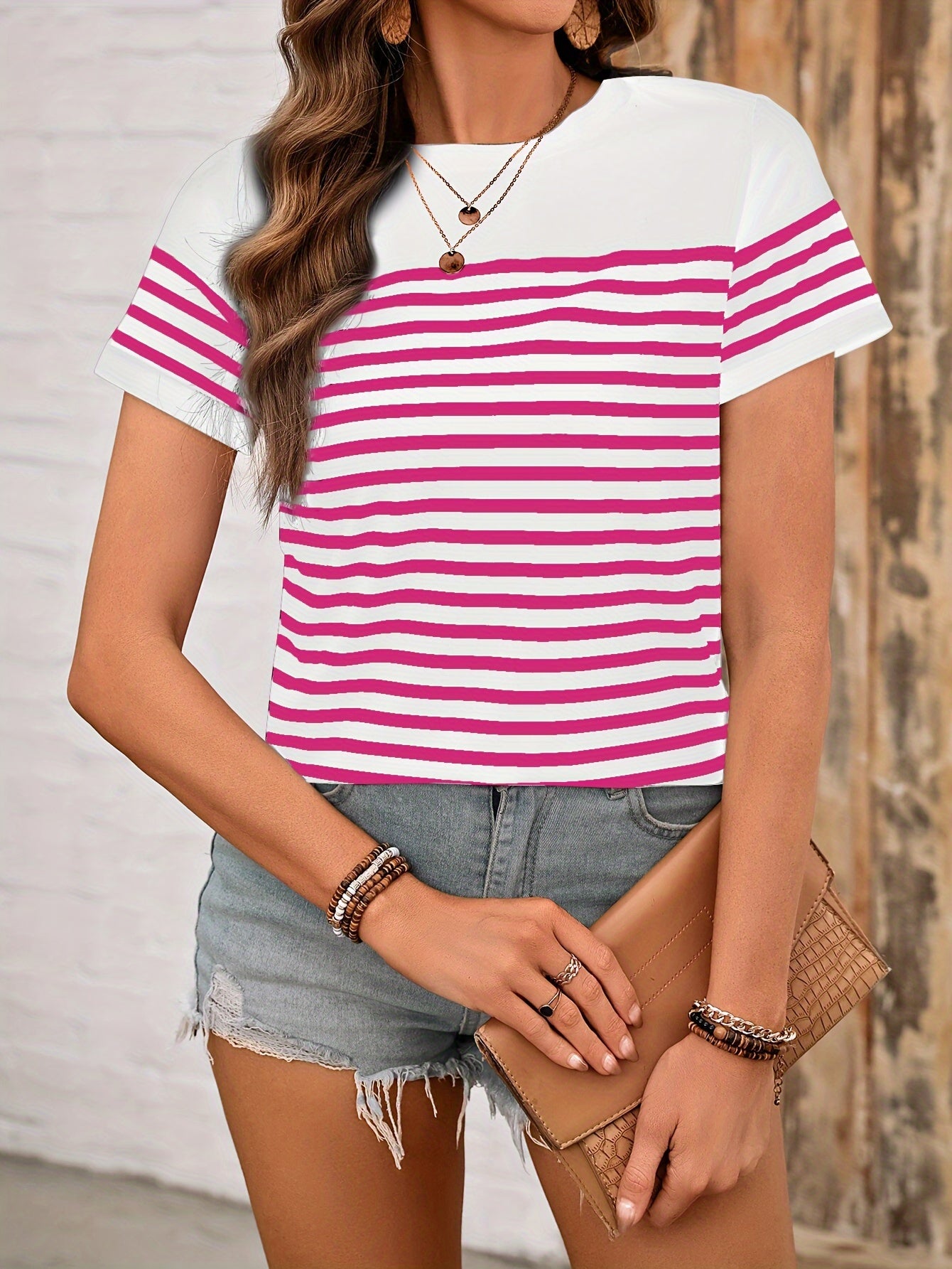 Striped Print Color Block T-Shirt, Casual Short Sleeve T-Shirt For Spring & Summer, Women's Clothing