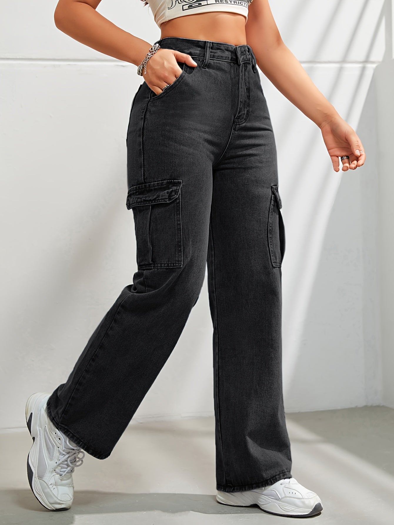 Women's Casual Wide Leg Denim Cargo Pants, Fashion Plain Jeans With Side Pockets, High Waist And Relaxed Fit For Fall