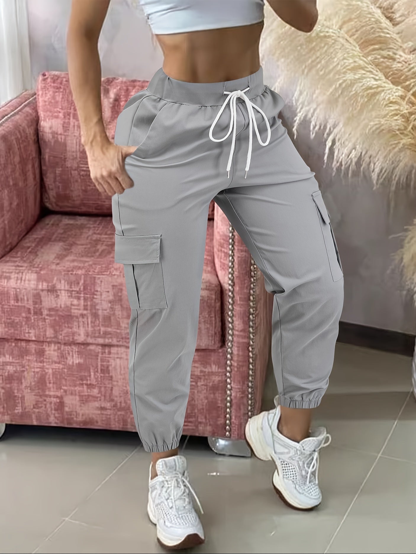 Women's Casual Cargo Pants with Drawstring - Solid Color Polyester Blend Comfort, Elastic Waist, Multiple Pockets, Fashion Utility Trousers for All Seasons