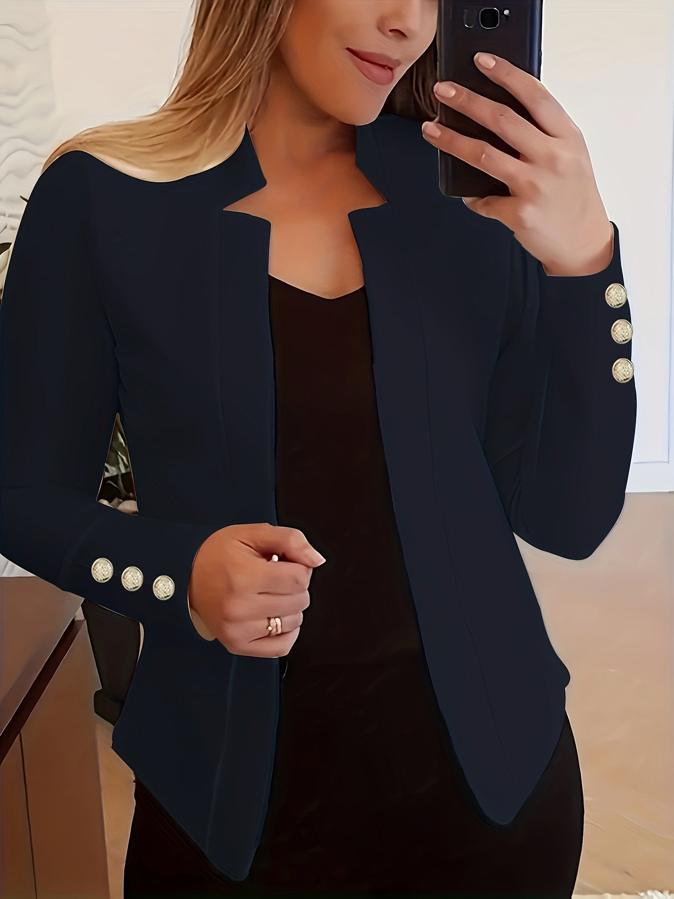 Long Sleeve Solid Color Casual Blazer - Button Front, Micro Elasticity, Polyester Fabric, Loose Fit, Regular Length - Perfect for Office & Work, Womens Clothing