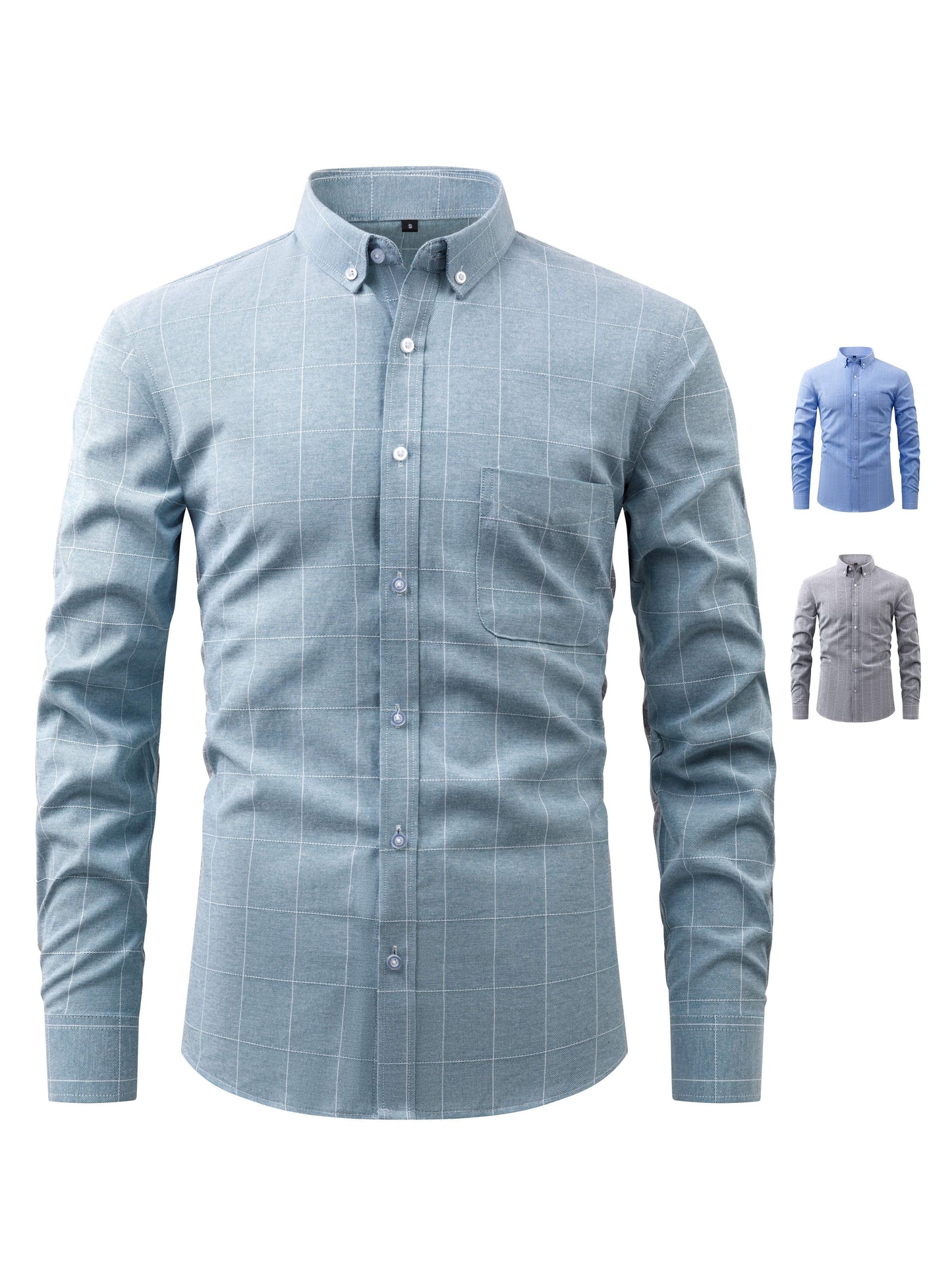 Men's Cotton Blend Grid Checked Long Sleeve Shirt For Spring And Fall, Casual Business Versatile Shirt Formal Wear