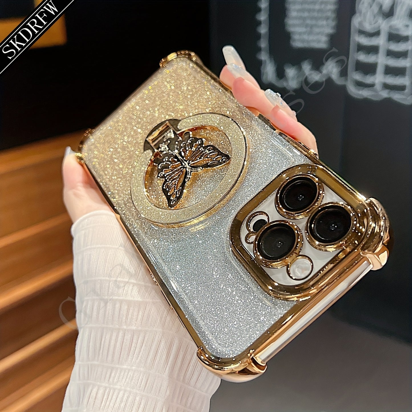 New Luxury Butterfly Glitter Bracket Super Strong Magnetic Ring with Lens Protection Film Transparent Electroplated Mobile Phone Case Suitable for Apple Mobile Phones for iPhone 16/16pro/16plus/16promax/15/15pro/15plus/15prom