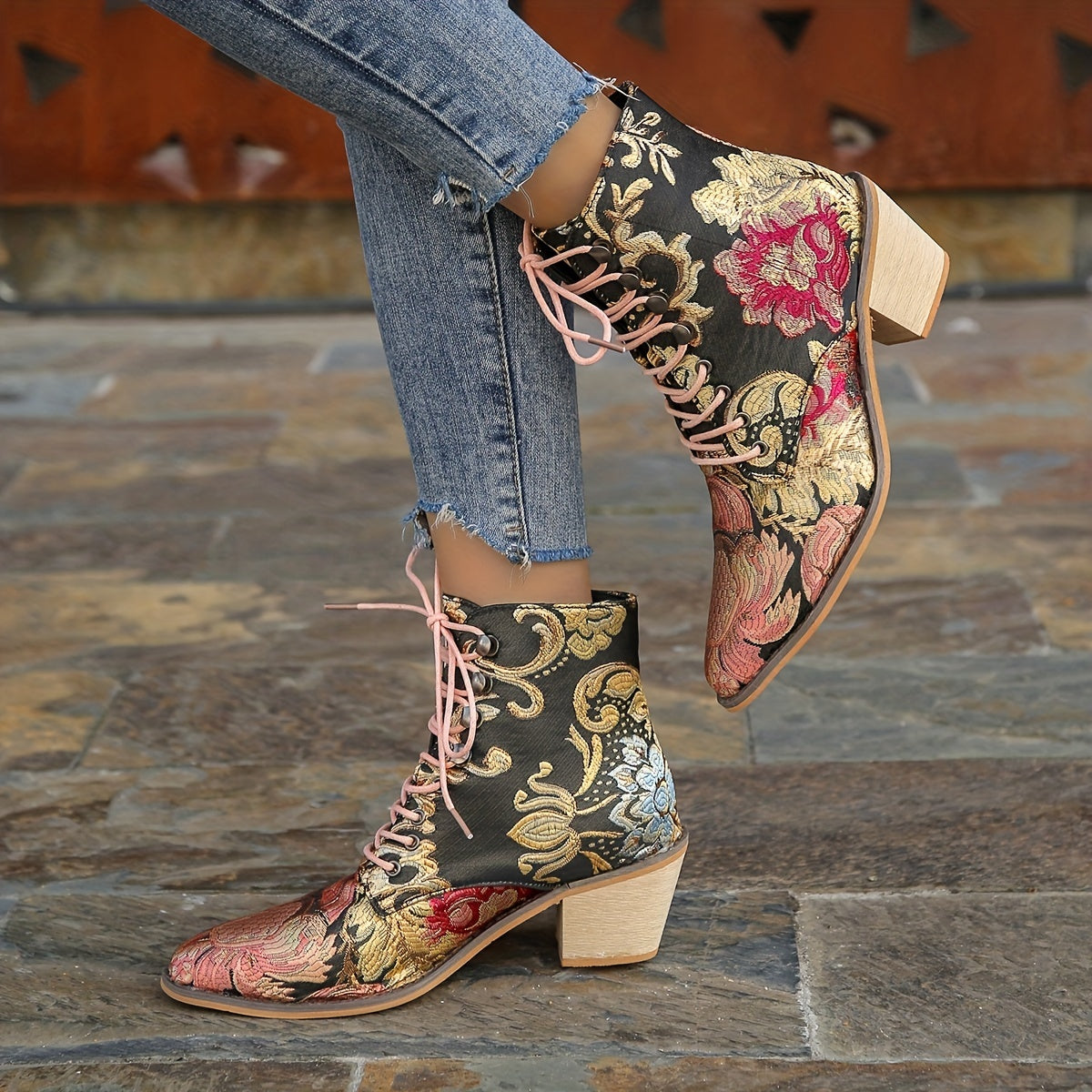 Women's Vintage Flower Boots, Lace Up Chunky Heel Western Cowboy Boots, Point Toe Stylish Chelsea Boots fall