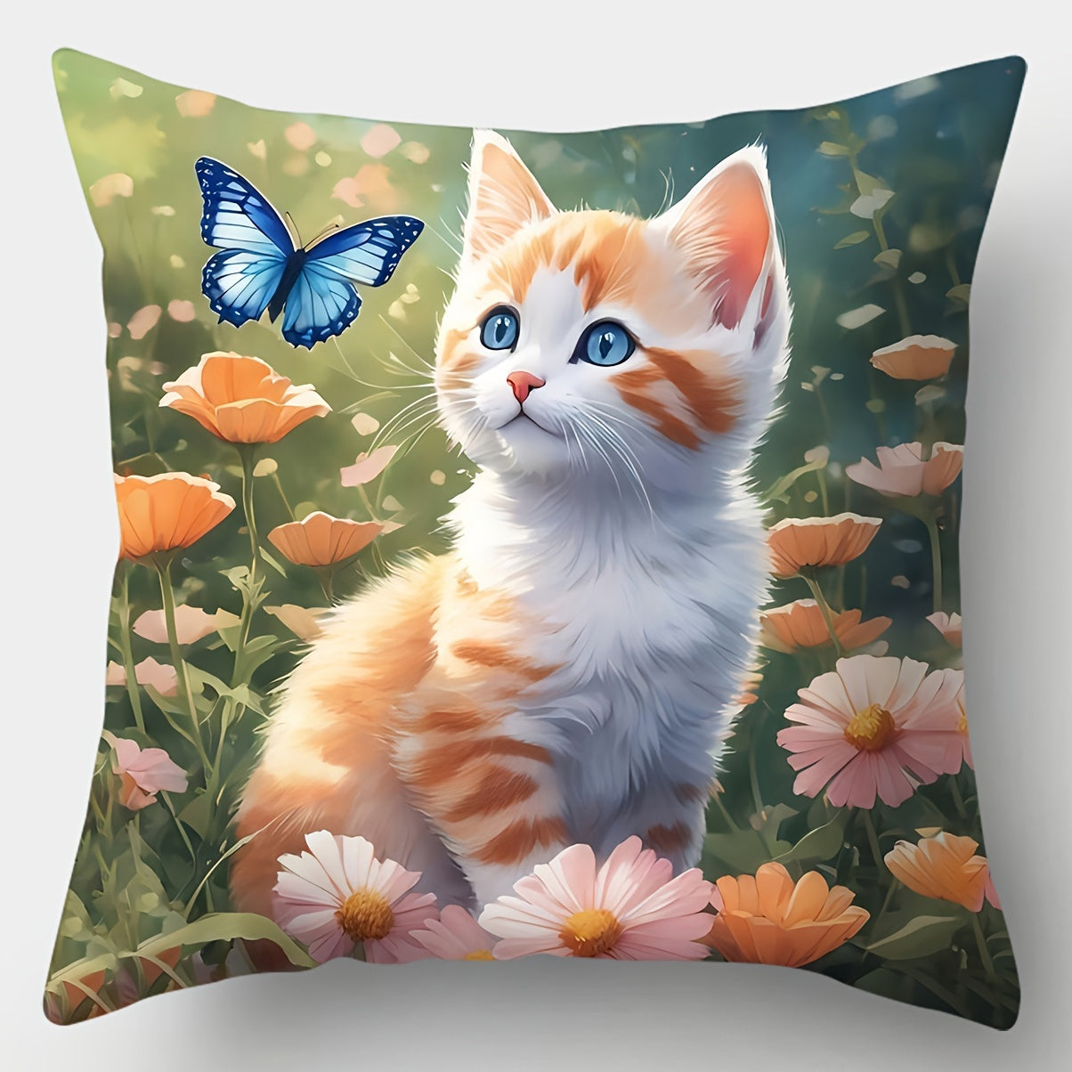 4-Pack Contemporary Throw Pillow Covers, 44.96x44.96 cm Cute Cat Floral Print Pillowcases, Decorative Cushion Covers with Zipper for Home Sofa Bed Decor - Hand Wash Only, Woven Polyester - Living Room Bedroom (Pillow Inserts