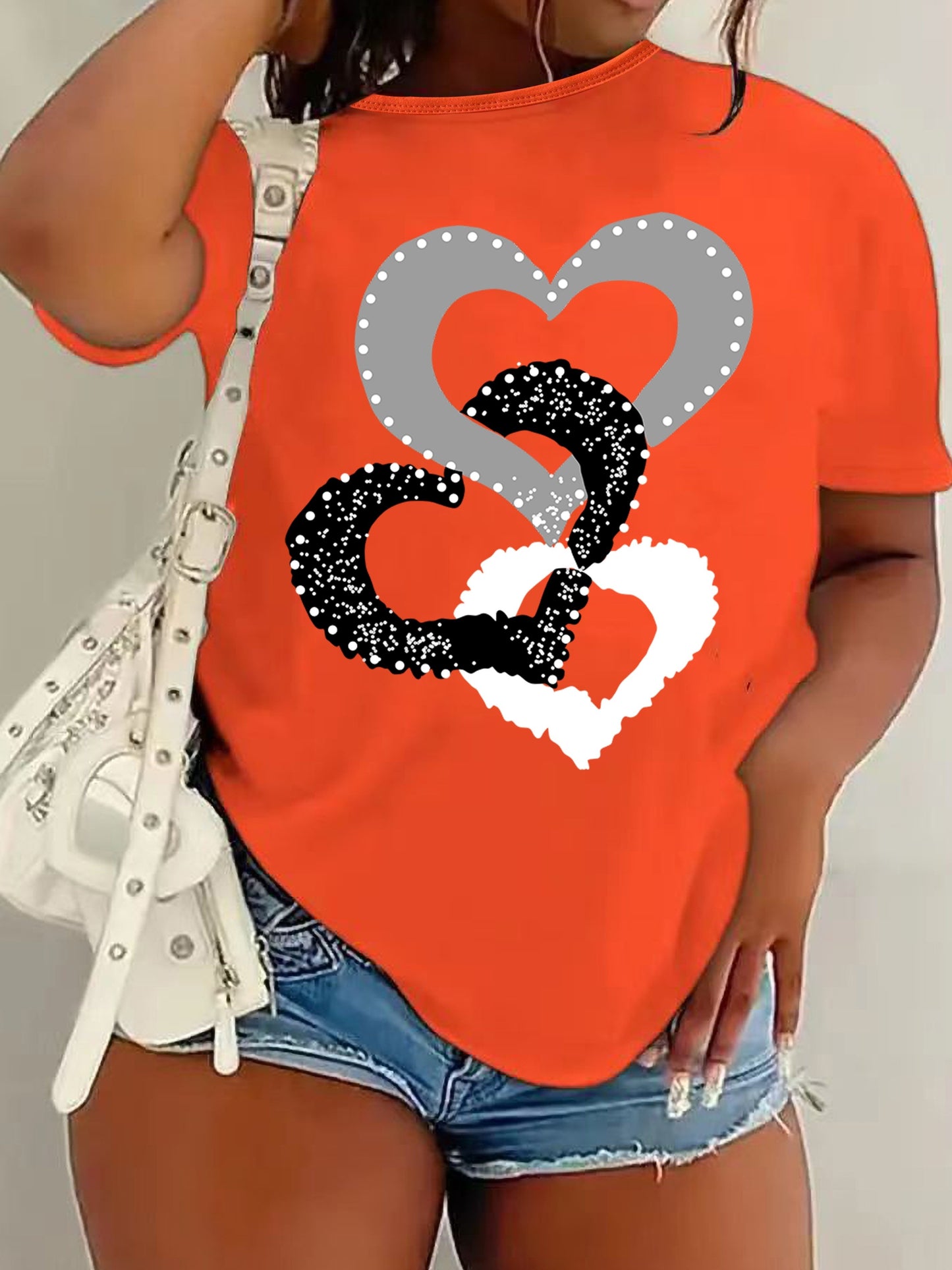 Heart Print Crew Neck T-shirt, Casual Short Sleeve Top For Spring & Summer, Women's Clothing