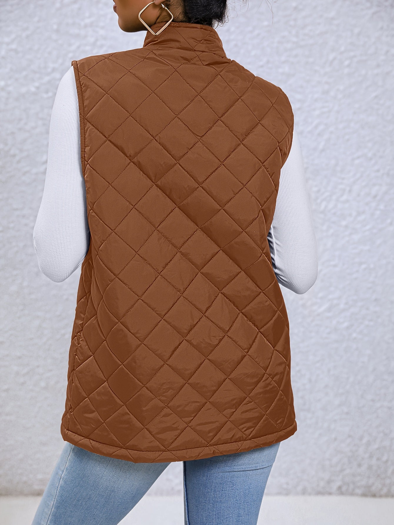 Argyle High Neck Sleeveless Vest, Casual Zip Up Versatile Outerwear, Women's Clothing