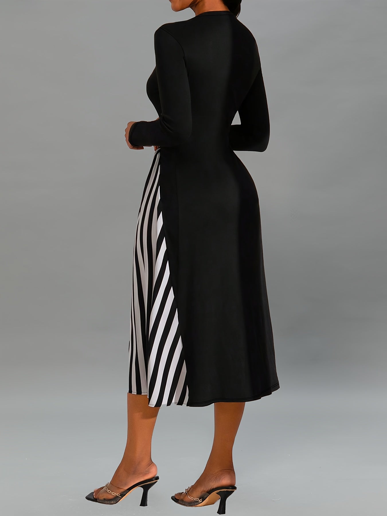 Striped Print Color Block Dress, Elegant Crew Neck Long Sleeve Dress, Women's Clothing