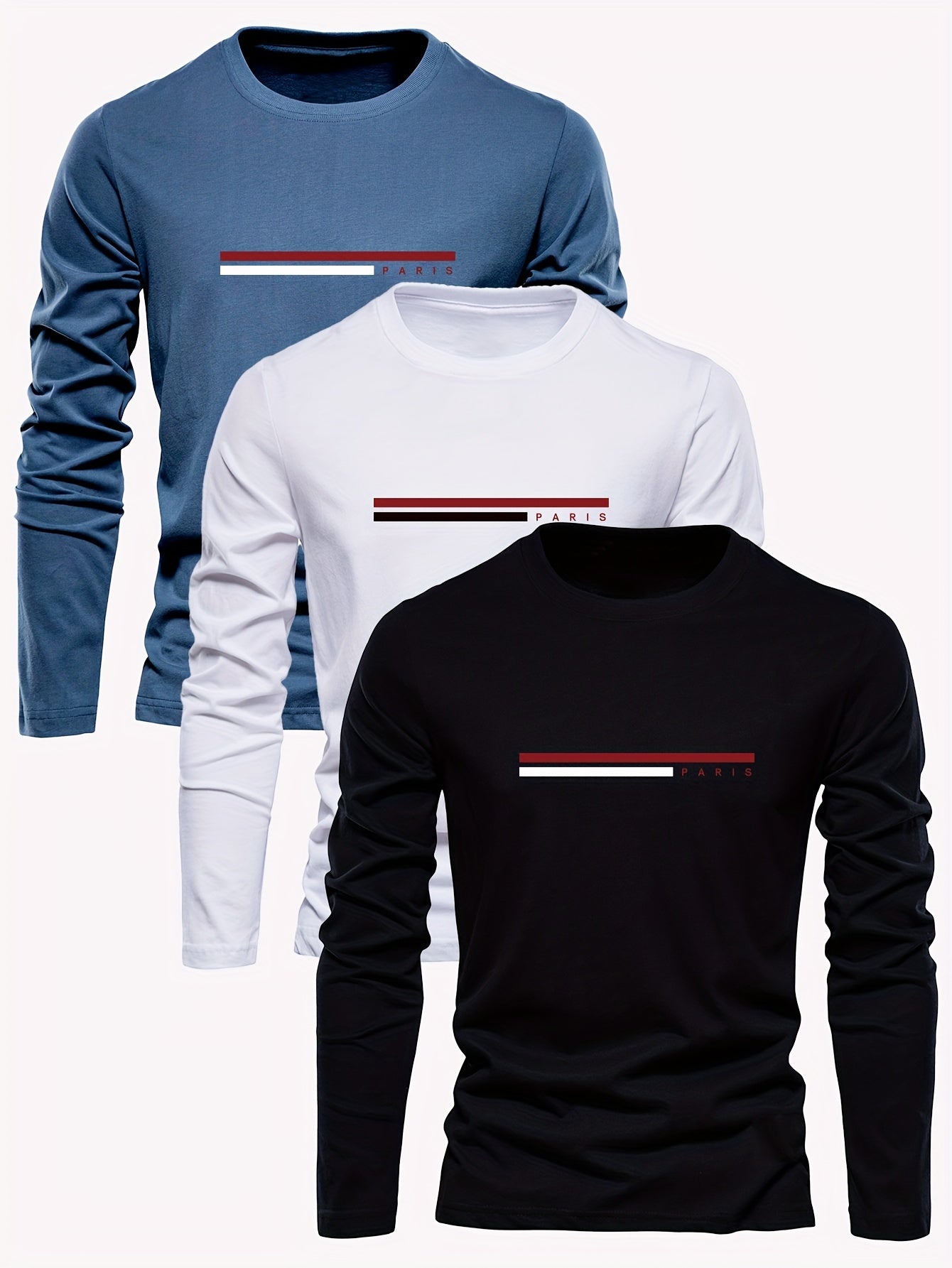 3pcs Men's 100% Cotton Long Sleeve T-Shirts - Breathable & Comfortable, Crew Neck with Stylish Print Design for Spring/Fall