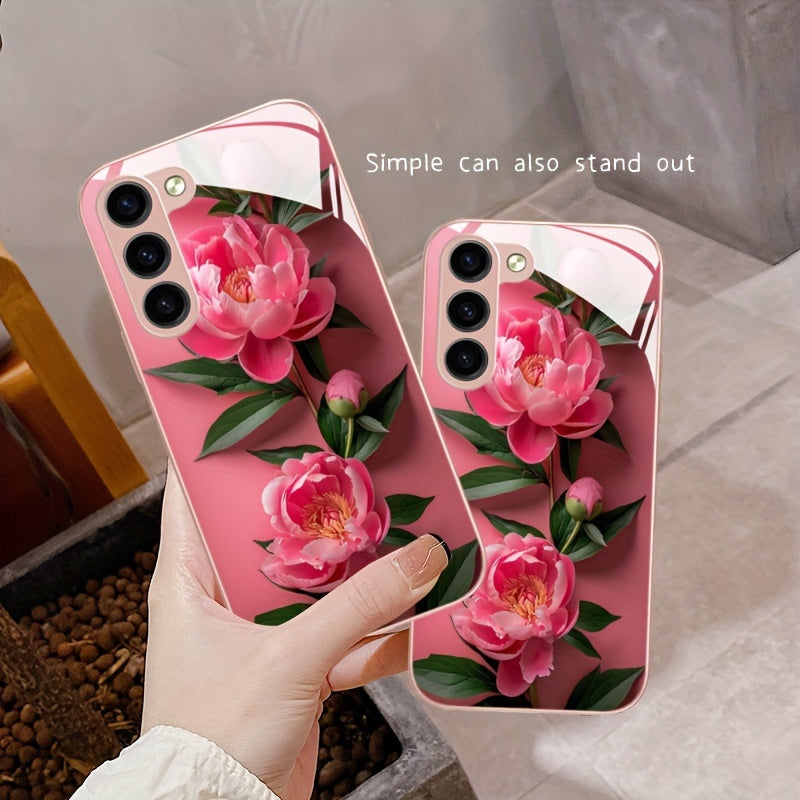 Pink Flower Glass Phone Case For SamSung For Galaxy Series - S24/S24 Plus/S24 Ultra, S23/S23 Plus/S23 Ultra, S22/S22 Plus/S22 Ultra, S21/S21 Plus/S21 Ultra/S21 FE, S20/S20 Plus/S20 Ultra, A03/A04, A13/A14/A22/A23/A25, A32/A33