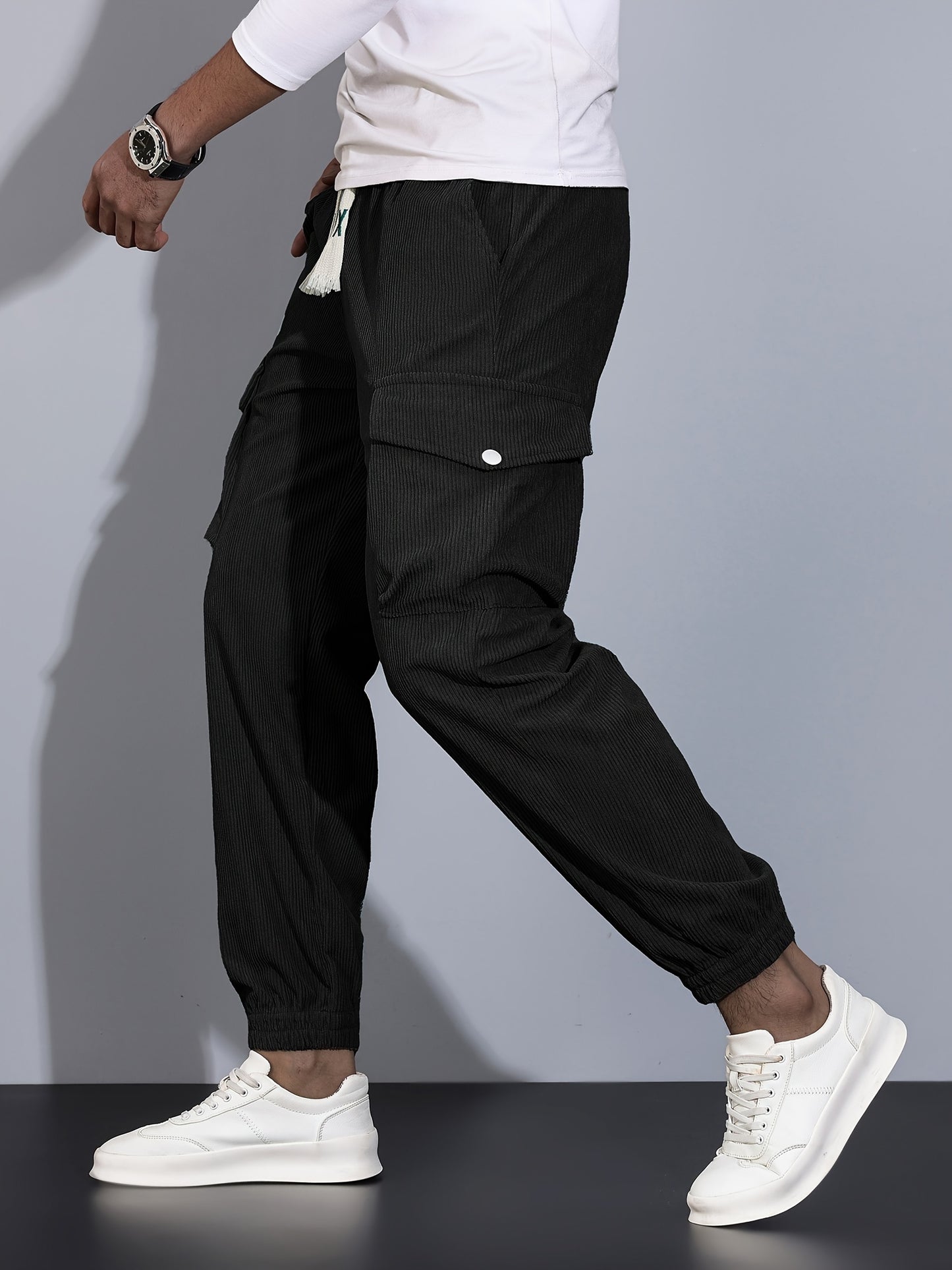 Men's Stylish Solid Cargo Pants With Multi Pockets, Drawstring Joggers For Outdoor