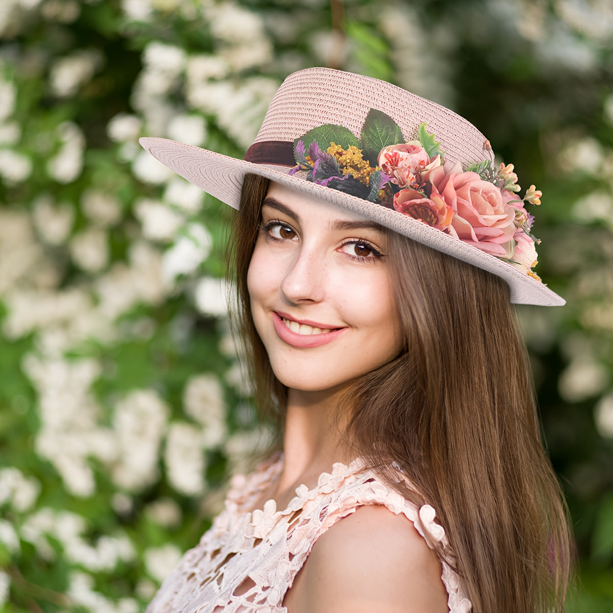 Handmade Flower Straw Hat Solid Color Elegant Beach Sunscreen Hat Small Top Hats Easter For Women