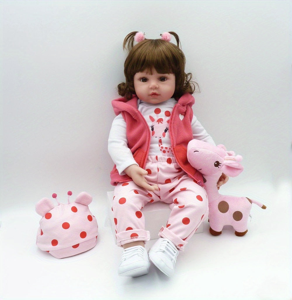 19 Inch/ 48 Cm Soft Vinyl Reborn Doll, Lovely Baby Girl With Hairwig In Pink Clothes And A Plush Giraffe Toy, Halloween/Thanksgiving Day/Christmas gift Carnival