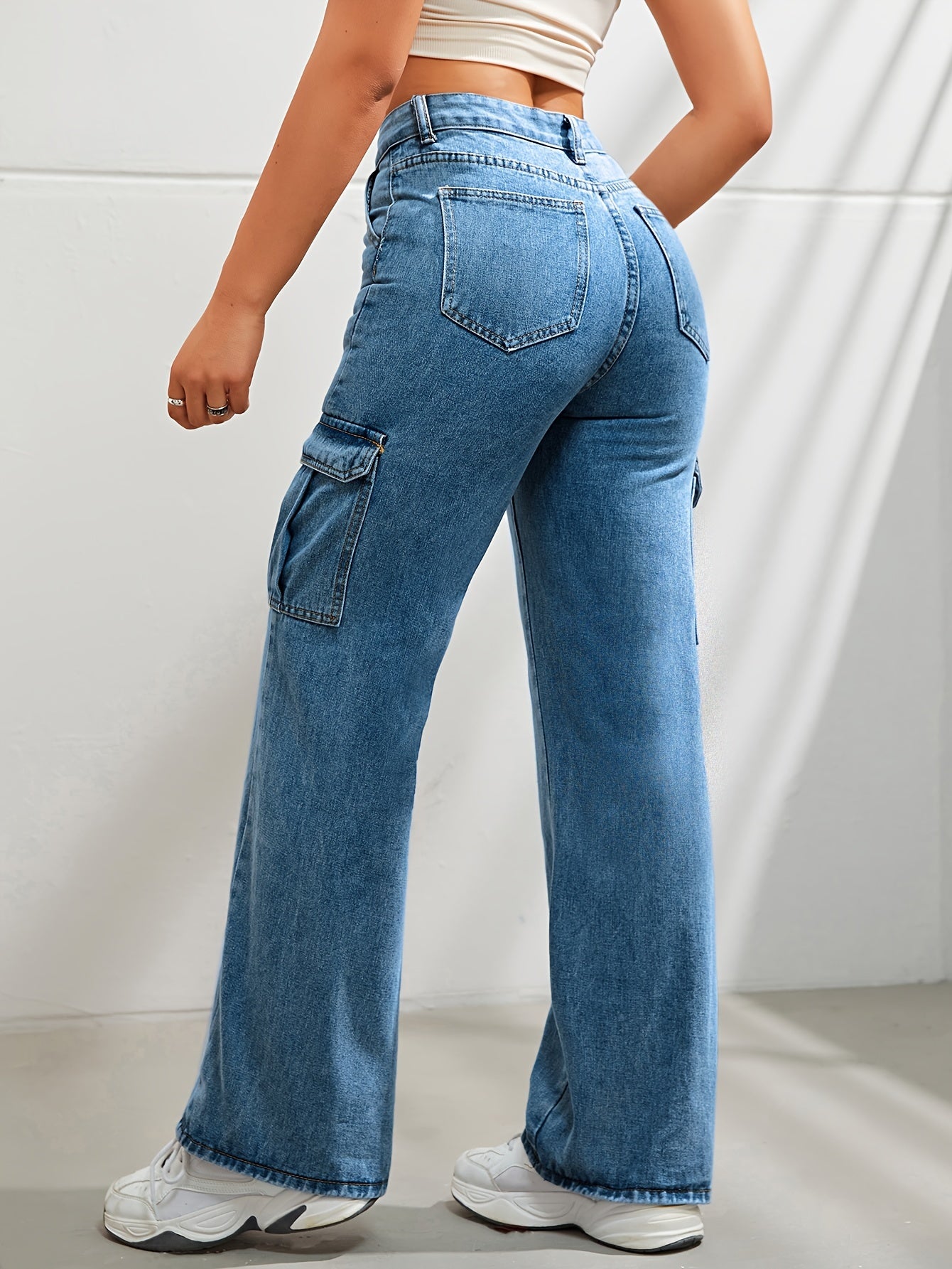 Women's Casual Wide Leg Denim Cargo Pants, Fashion Plain Jeans With Side Pockets, High Waist And Relaxed Fit For Fall