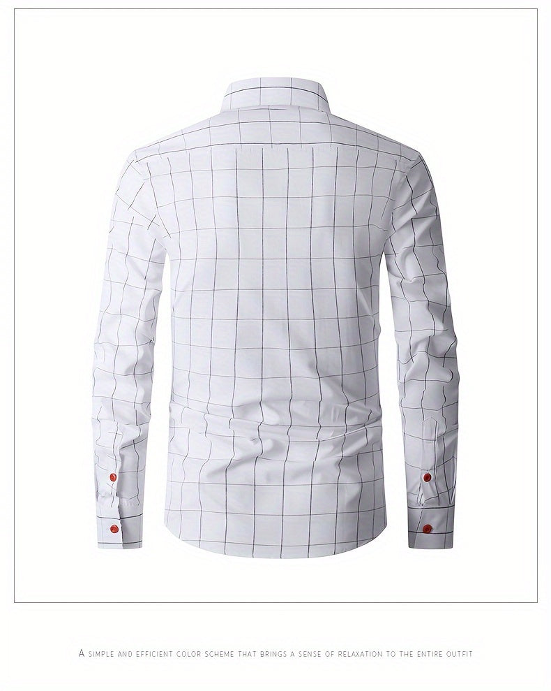 Men's Plaid Design Dress Shirts, Long Sleeve Casual Button Down Shirt For Formal Occasions