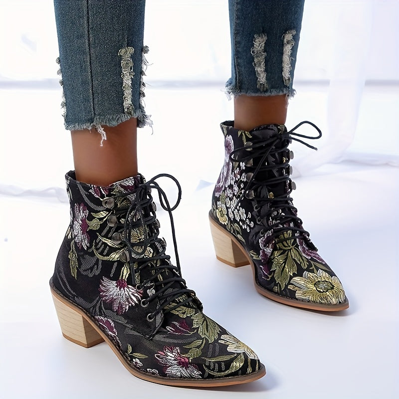 Women's Floral Embroidered Chunky Heel Boots, Fashion Point Toe Lace Up Boots, Comfortable Cowboy Boots