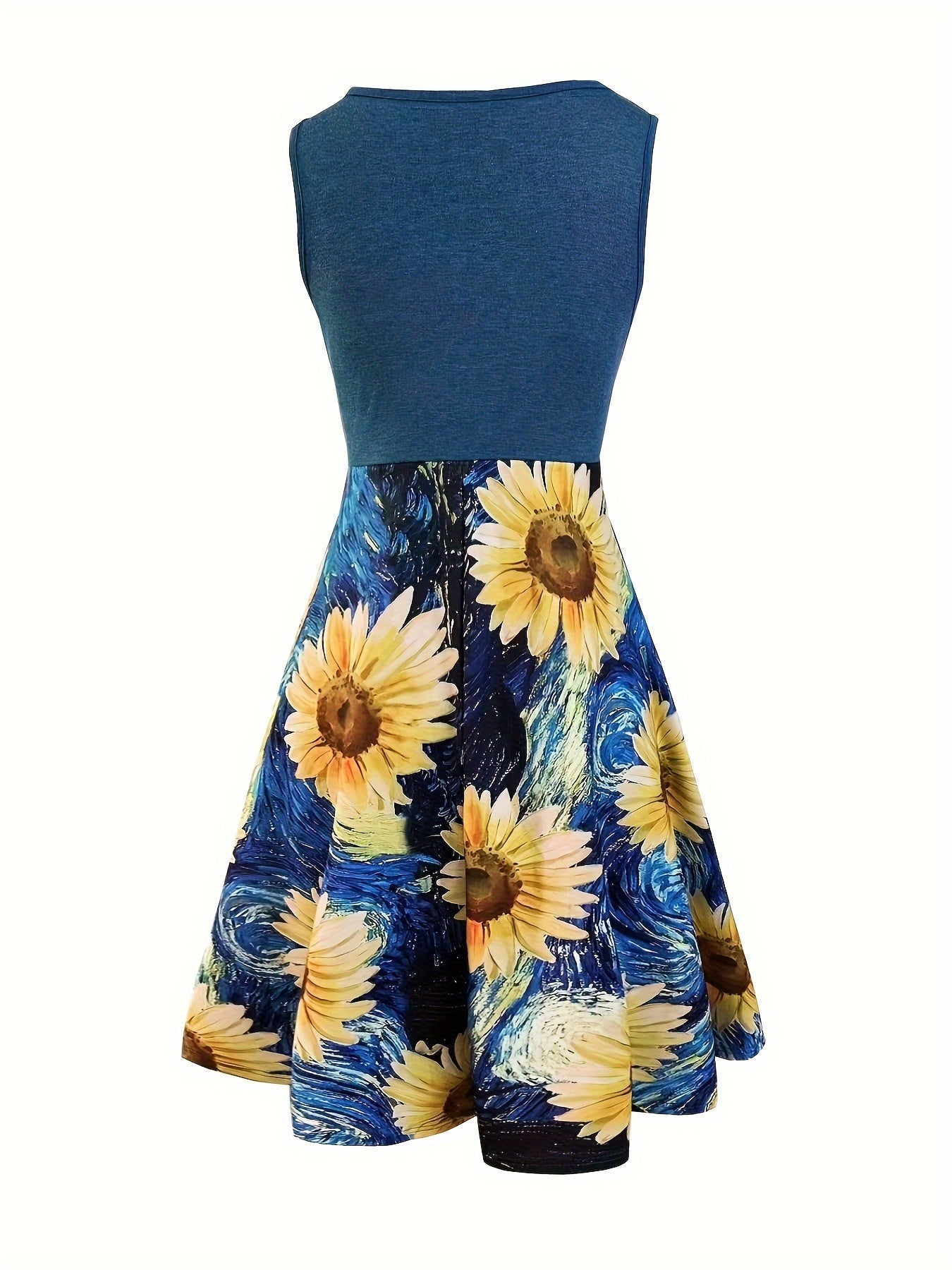 Sunflower Print Ruched Splicing Dress, Elegant V Neck Sleeveless Tank Dress For Spring & Summer, Women's Clothing