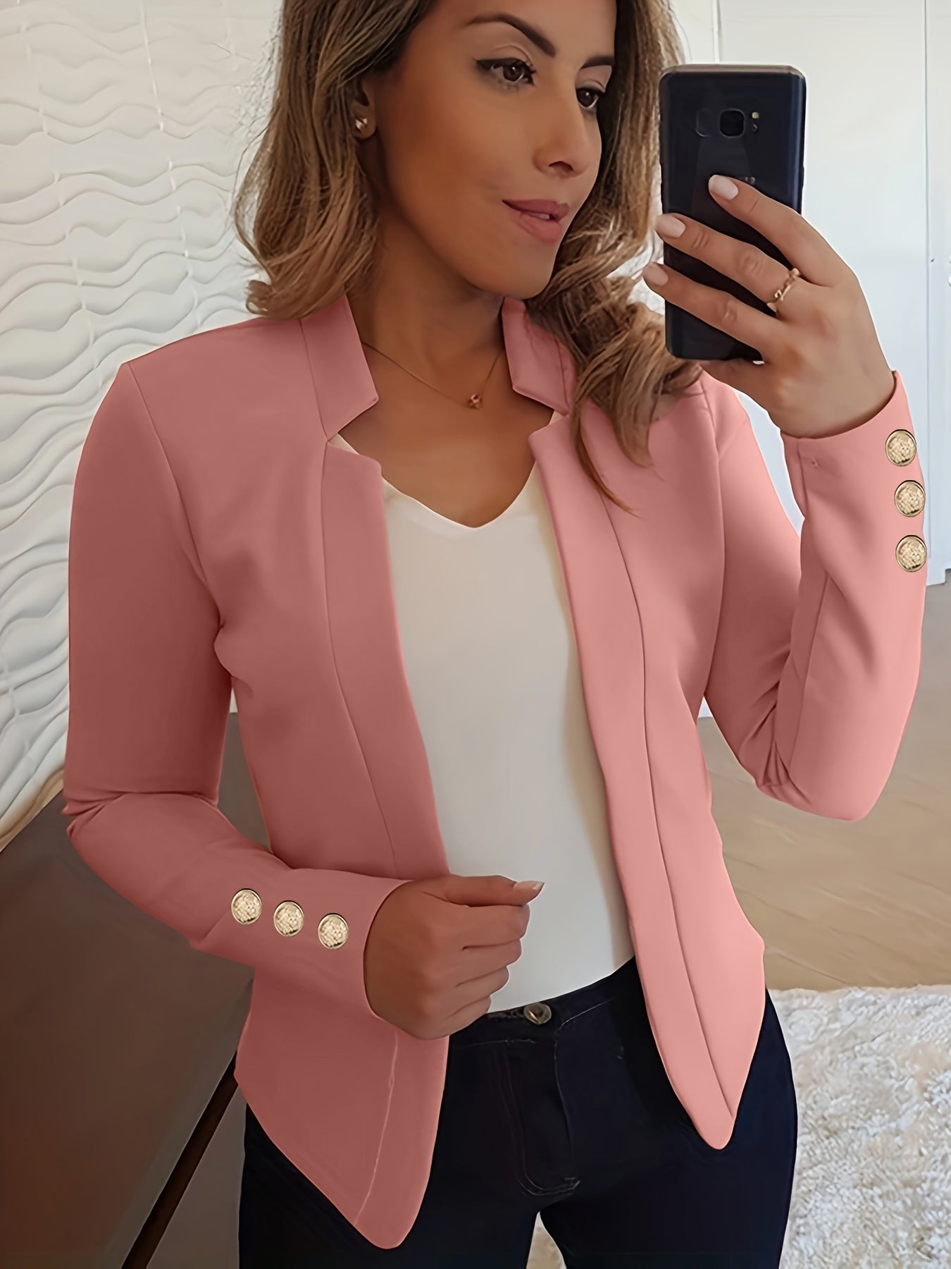 Long Sleeve Solid Color Casual Blazer - Button Front, Micro Elasticity, Polyester Fabric, Loose Fit, Regular Length - Perfect for Office & Work, Womens Clothing