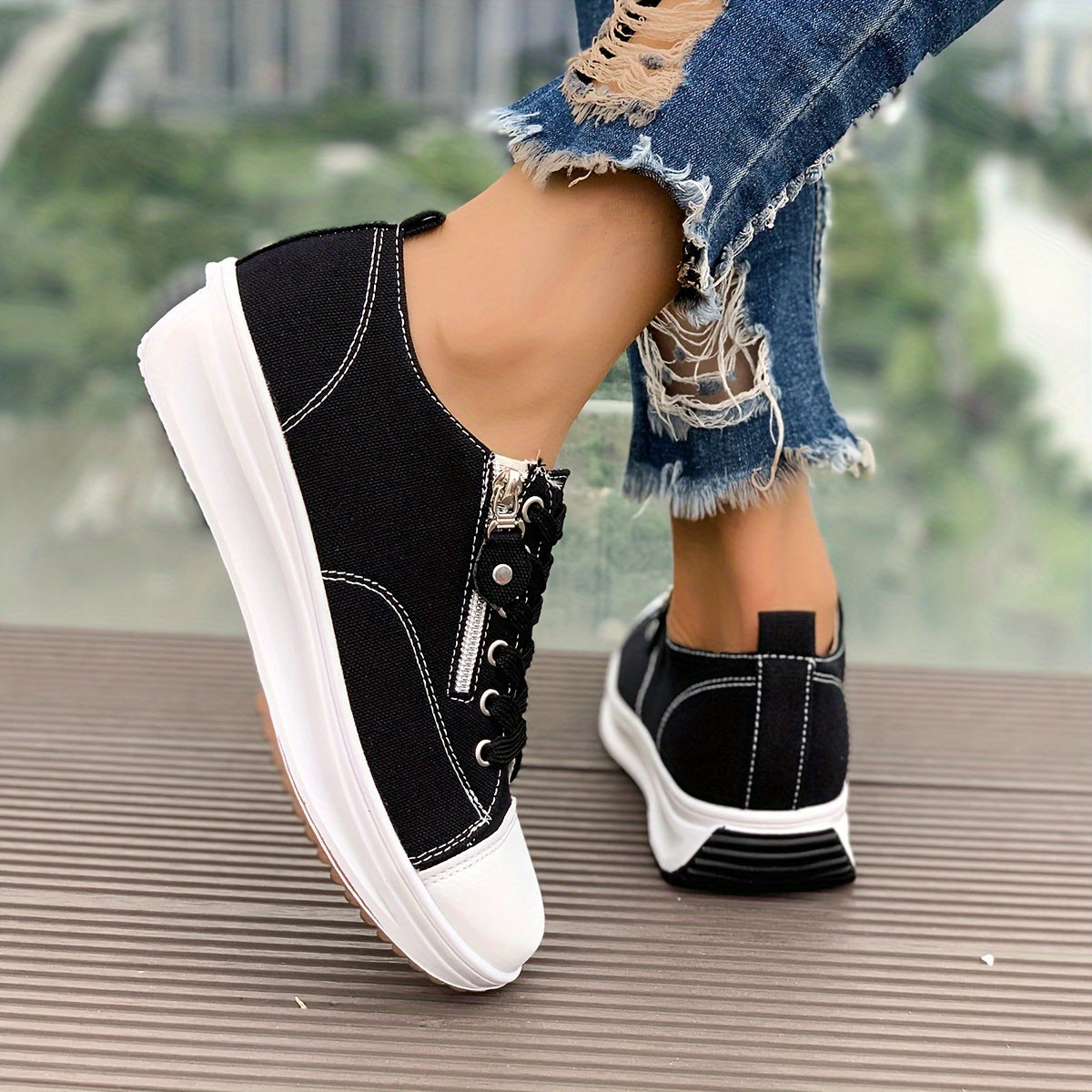 Women's Canvas Sneakers, Side Zipper Design Lace Up Low Top Sports Shoes, Casual Wedge Walking Shoes