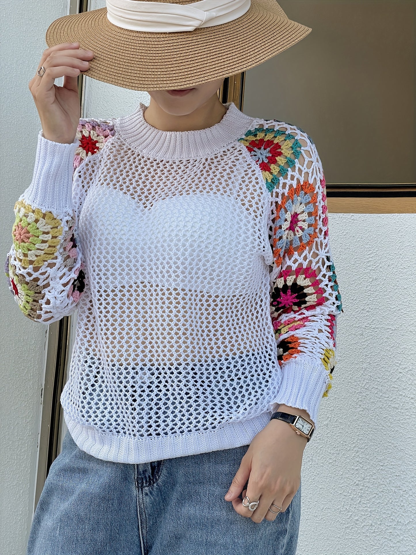 Floral Pattern Crew Neck Sweater, Vacation Style Eyelet Long Sleeve Sweater For Spring ＆ Fall, Women's Clothing