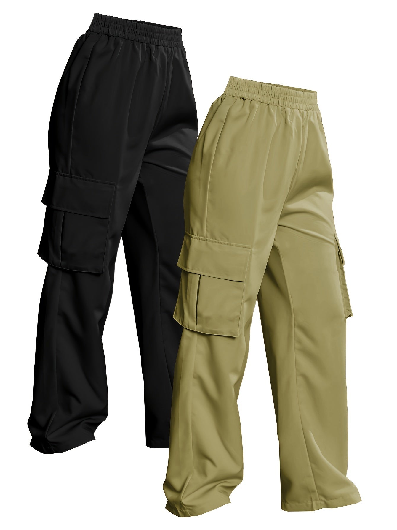 Solid Color Cargo Pants 2 Packs, Casual Elastic Waist Wide Leg Flap Pockets Pants, Women's Clothing