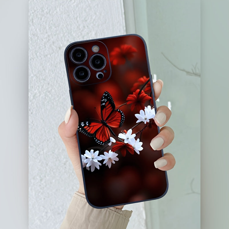 Red Butterfly Black Frosted TPU Protective Lens Protection Full-coverage Protective Phone Case Suitable For Apple 15/14/13/14/11/7/8