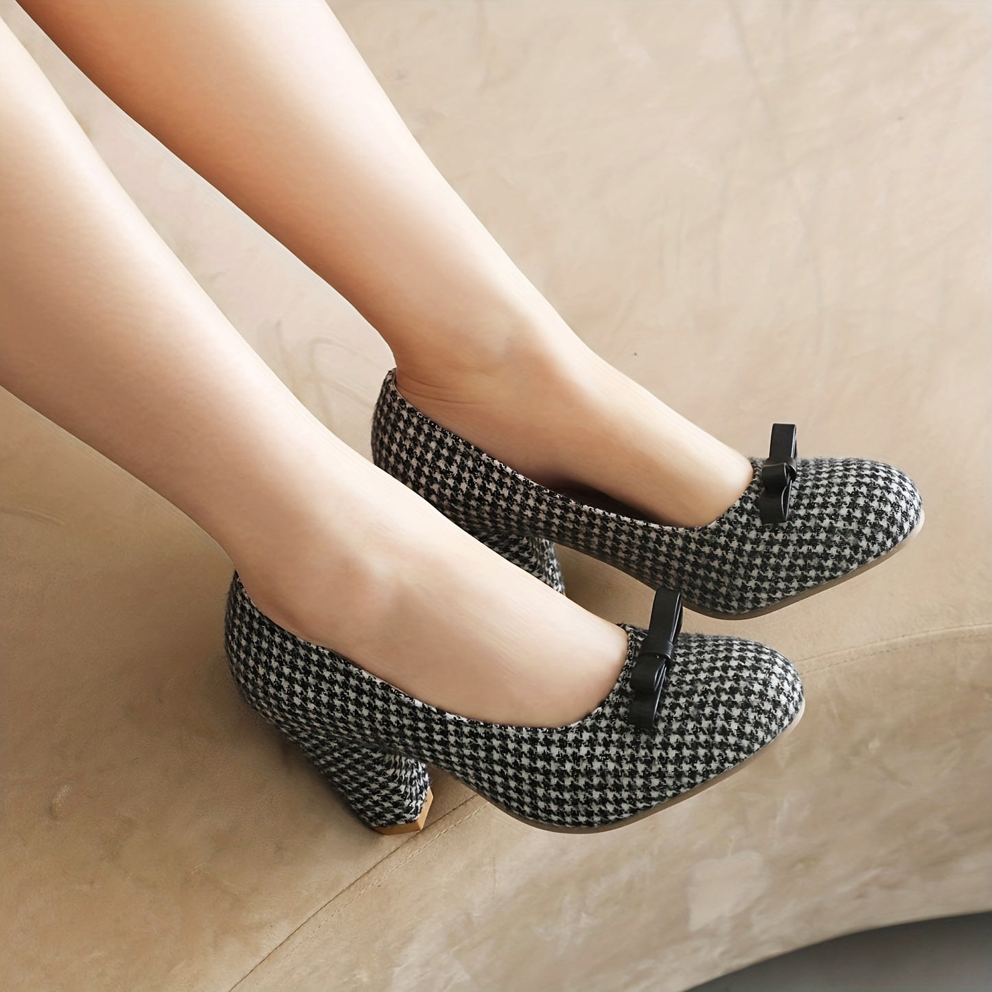 Women's Bowknot Decor Block Heels, Elegant Houndstooth Pattern Dress Pumps, Women's Fashion Heels