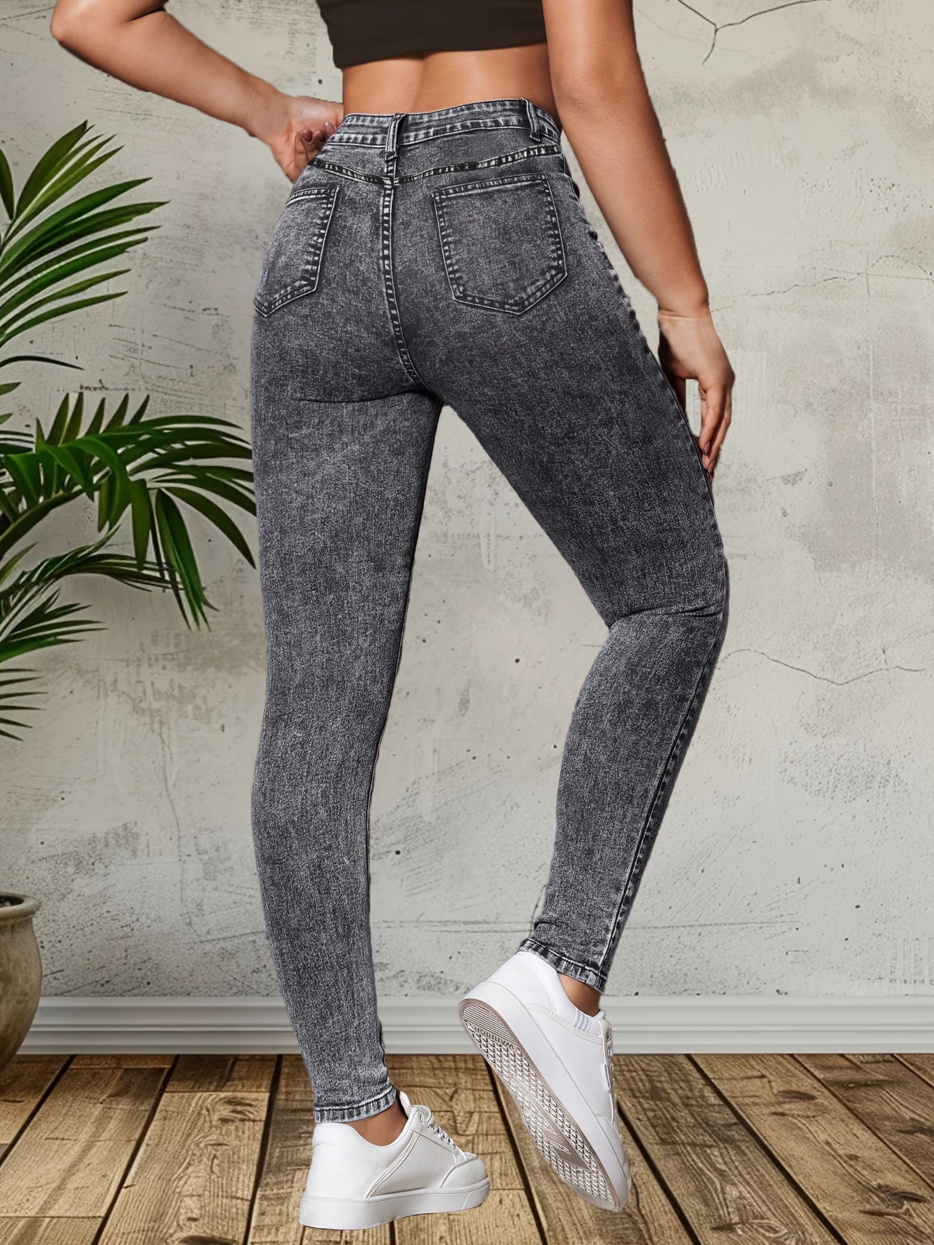 Skinny Fit Plain Washed Grey Casual Style Zipper Button Closure Denim Pants, Women's Denim Jeans & Clothing