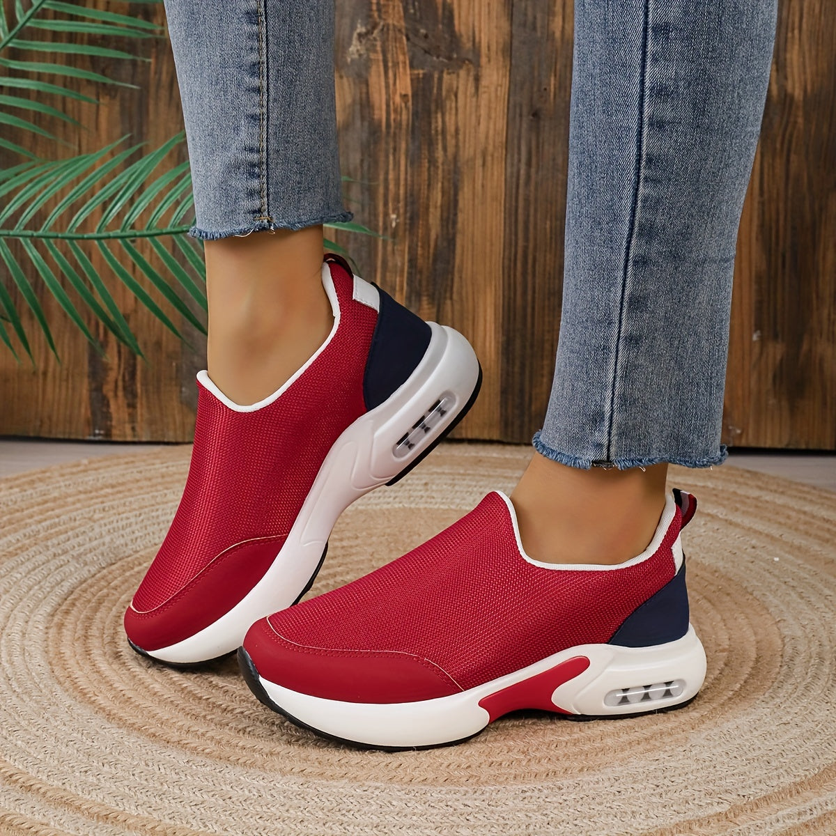 Women's Trendy Colorblock Chunky Sneakers, Stylish Slip On Air Cushion Shoes, Lightweight Low Top Shoes