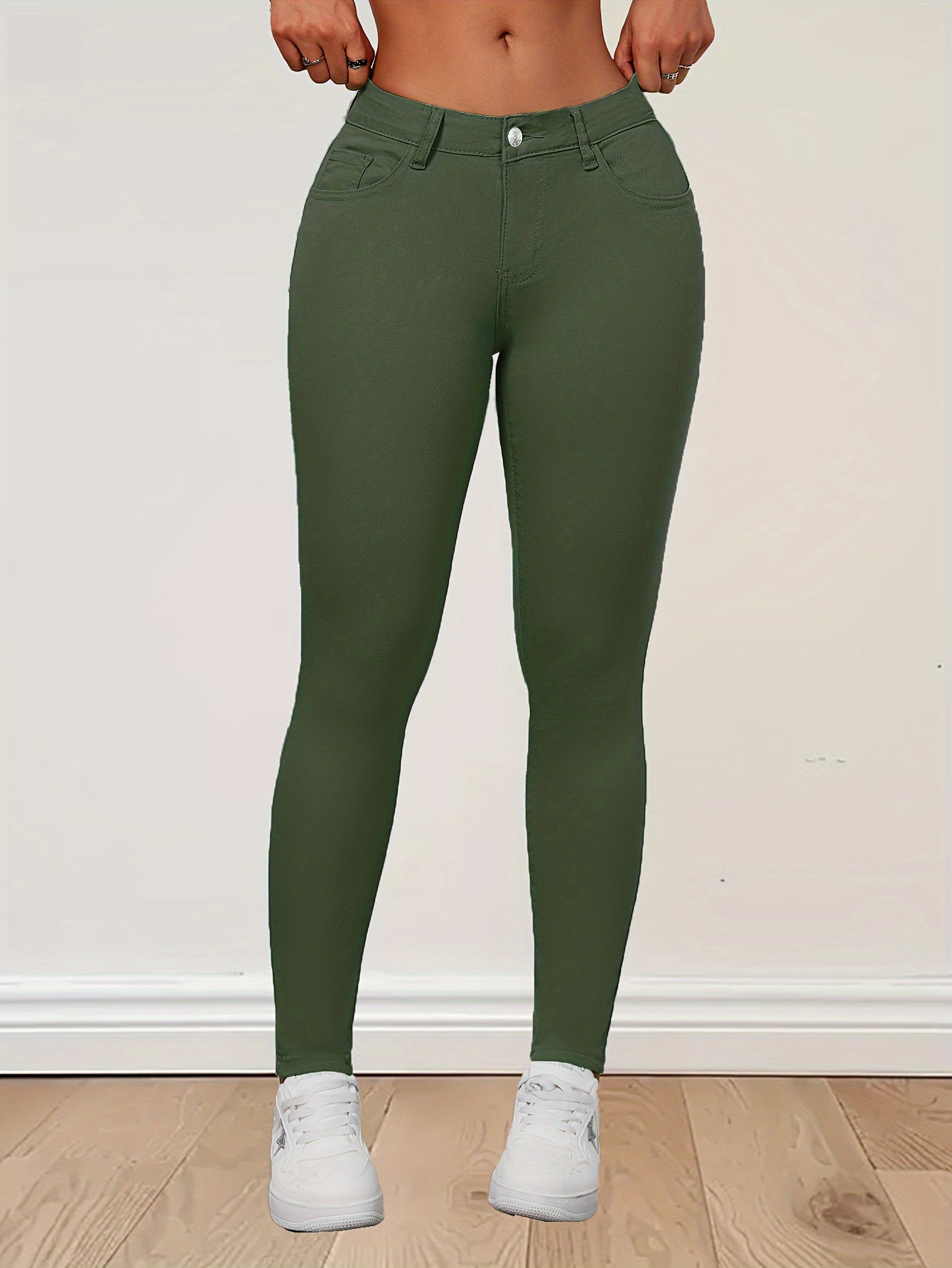 Army Green High-Waist Stretchy Skinny Pants for Women - Cotton Spandex Blend, Elegant Slim Fit with Button Detail, Non-Transparent, Long Length, Available in XS to XXL, Machine Washable