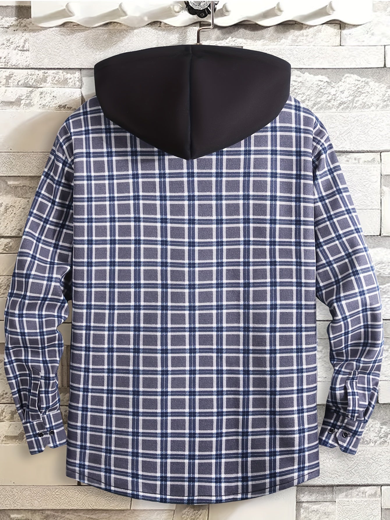 Men's Plaid Hooded Long Sleeve Shirt with Pockets, 100% Polyester Woven Fabric, Adult Basic Winter Warm-Up Top with Hood, No Bra, Elastic Fit, Regular Fit