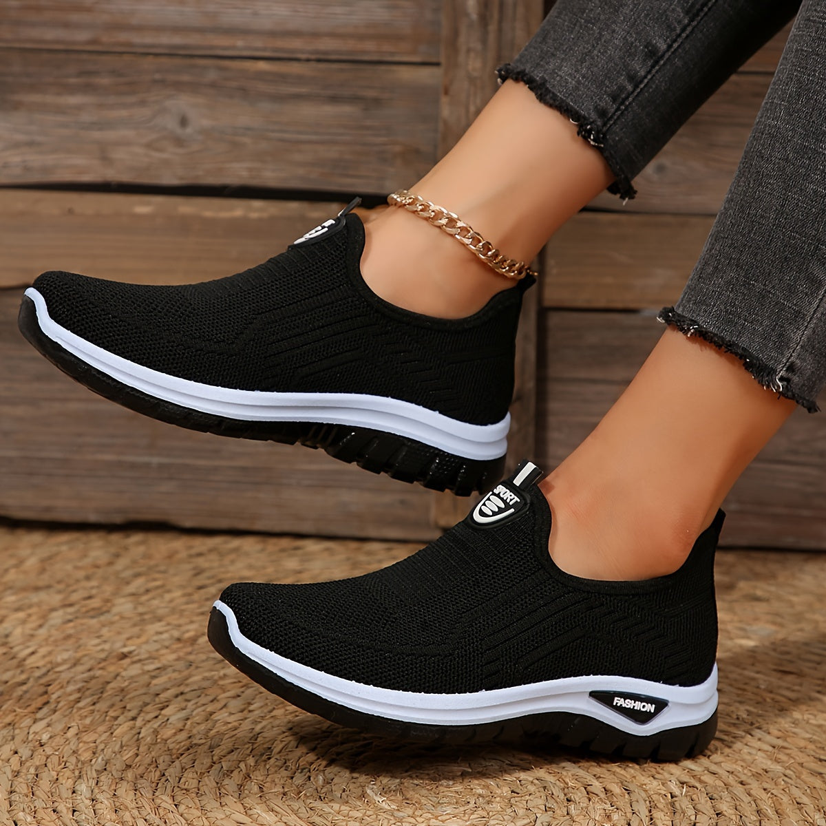 Women's Breathable Knit Sneakers, Casual Slip On Outdoor Shoes, Comfortable Low Top Shoes