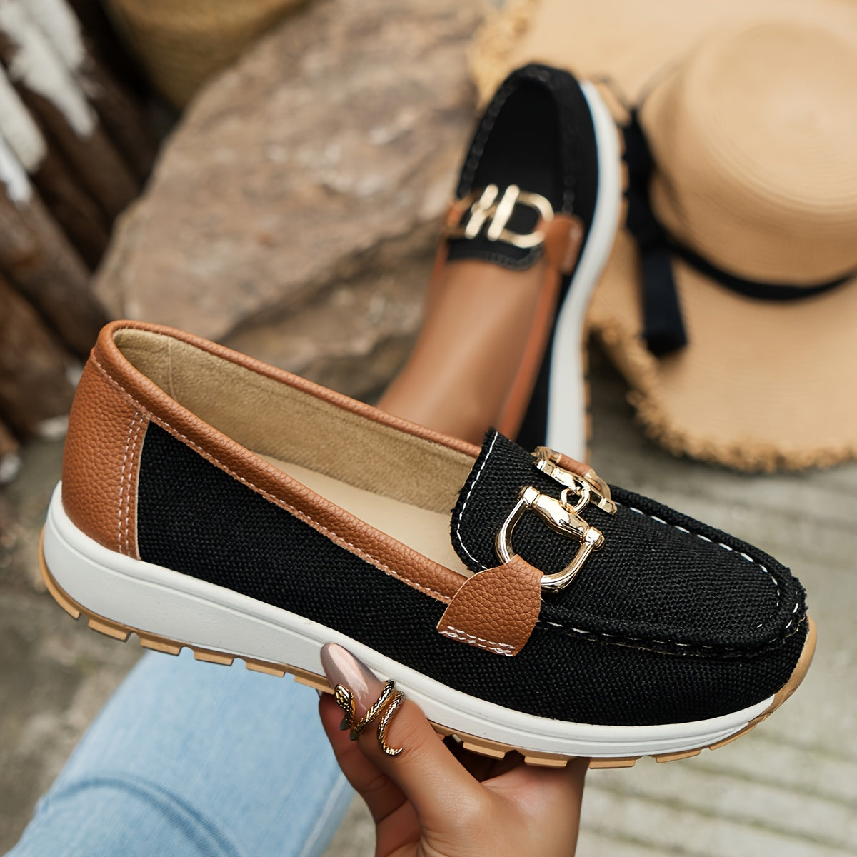 Women's Buckle Decor Sports Loafers, Casual Round Toe Soft Sole Slip On Shoes, Lightweight Flat Shoes