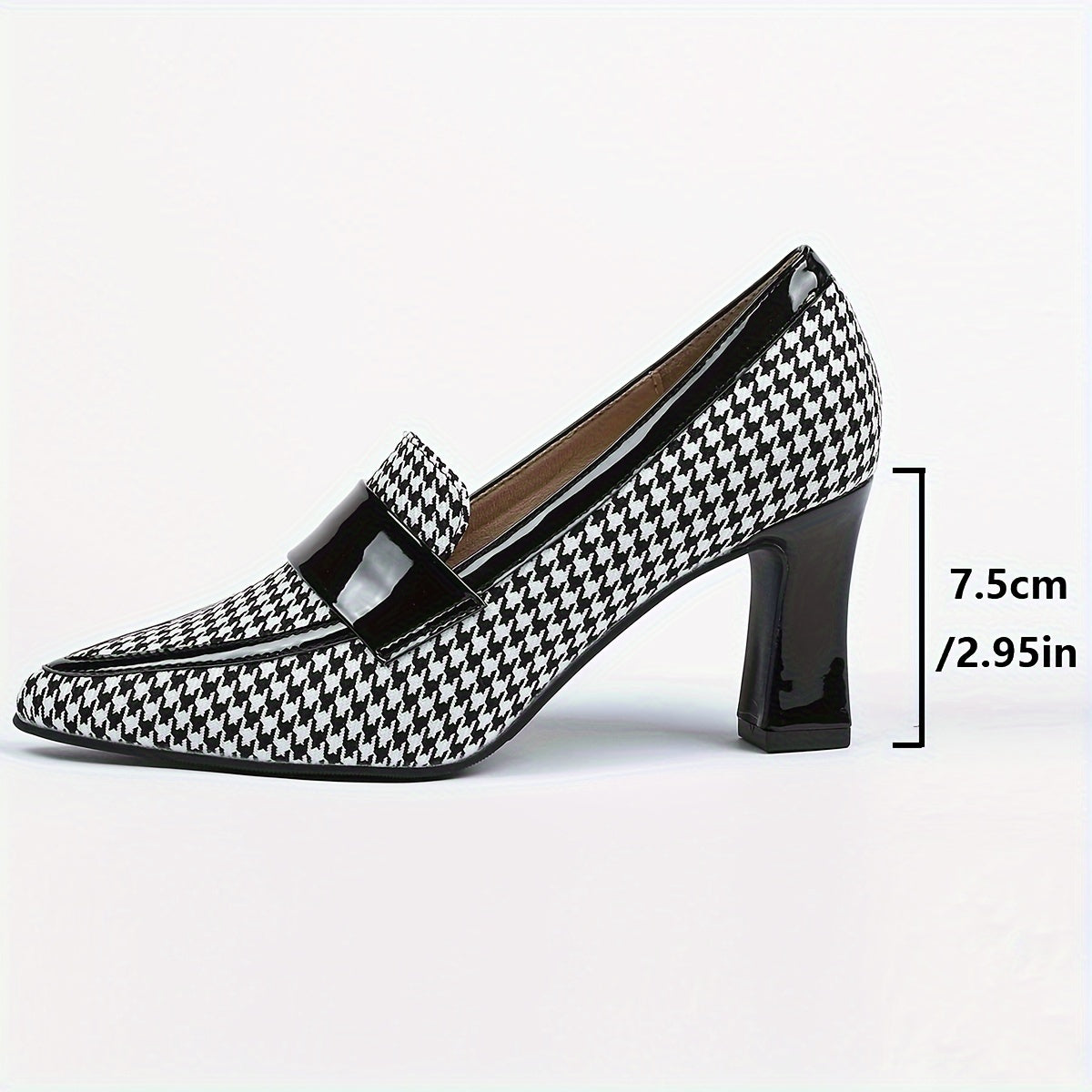 Women's Houndstooth Pattern Pumps, Fashion Pointed Toe Block Heels, All-Match Going Out Shoes