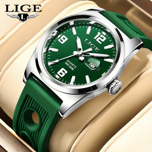 LIGE Vintage Style Men's Quartz Sports Watch – Stainless Steel Case, Round Dial, Silica Gel Strap, 50m, Luminous Display, Calendar Feature