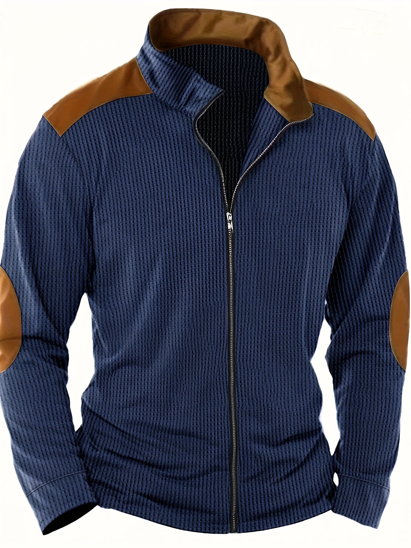 Men's Casual Fashion Jacket with Contrast Elbow Patches, Comfort Soft High-Grade Cotton-Like Waffle Texture Polyester Blend (97% Polyester, 3% Elastane), Slight Stretch, Solid Color, Zippered, Knit Fabric for Spring/Fall