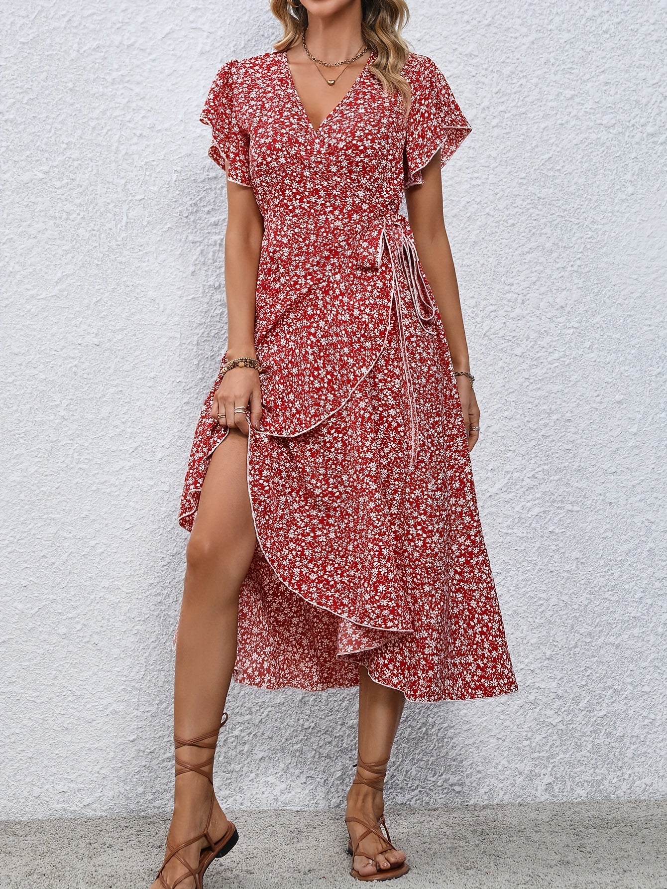 Floral Print Surplice Neck Tied Dress, Casual Flutter Sleeve Ruffle Hem Dress For Spring & Summer, Women's Clothing