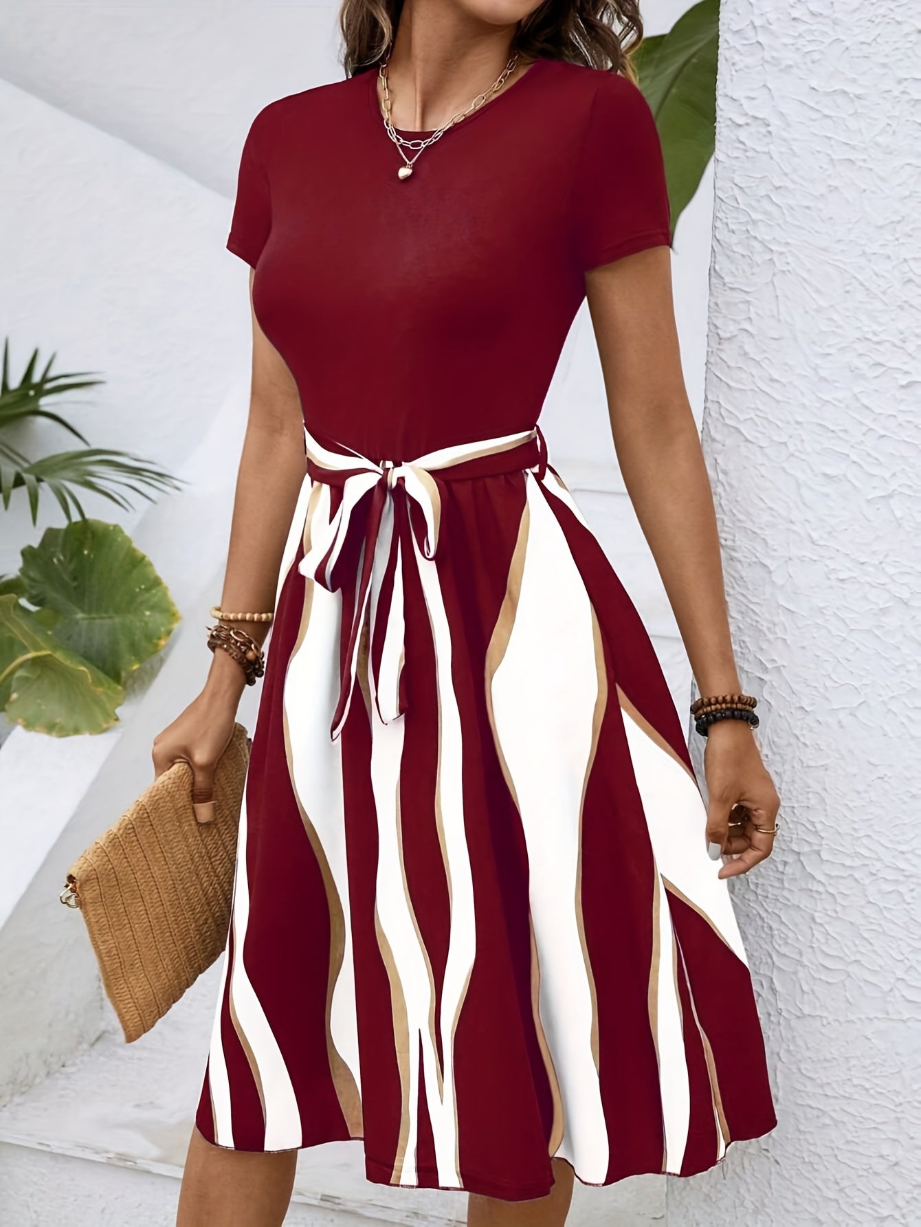 Women's Summer Dress Tie Waist Modest Midi Dress Short Sleeve A Line Belted Dress Daily Casual