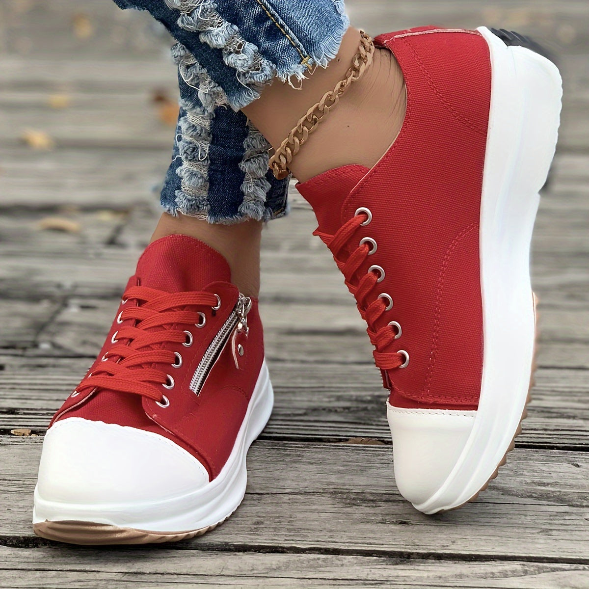 Women's Summer Canvas Sneakers - Chunky Sole, Casual Skate Shoes, Lace-Up, Versatile Sports Footwear