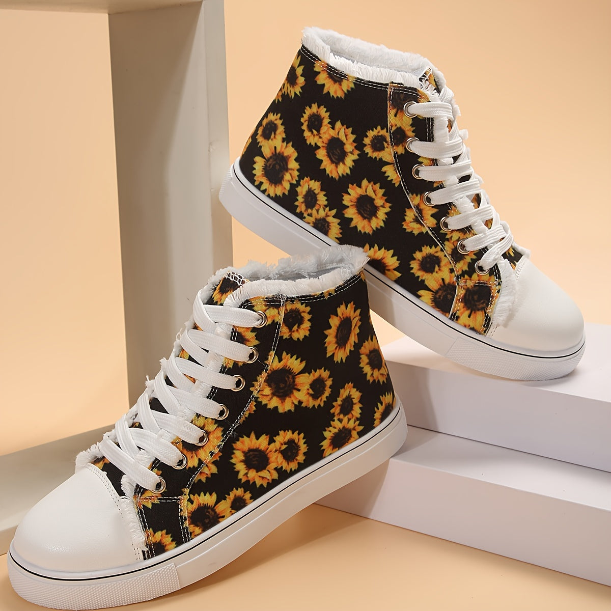 Women's Sunflower Print Sneakers, Casual Lace Up Outdoor Shoes, Comfortable High Top Canvas Shoes