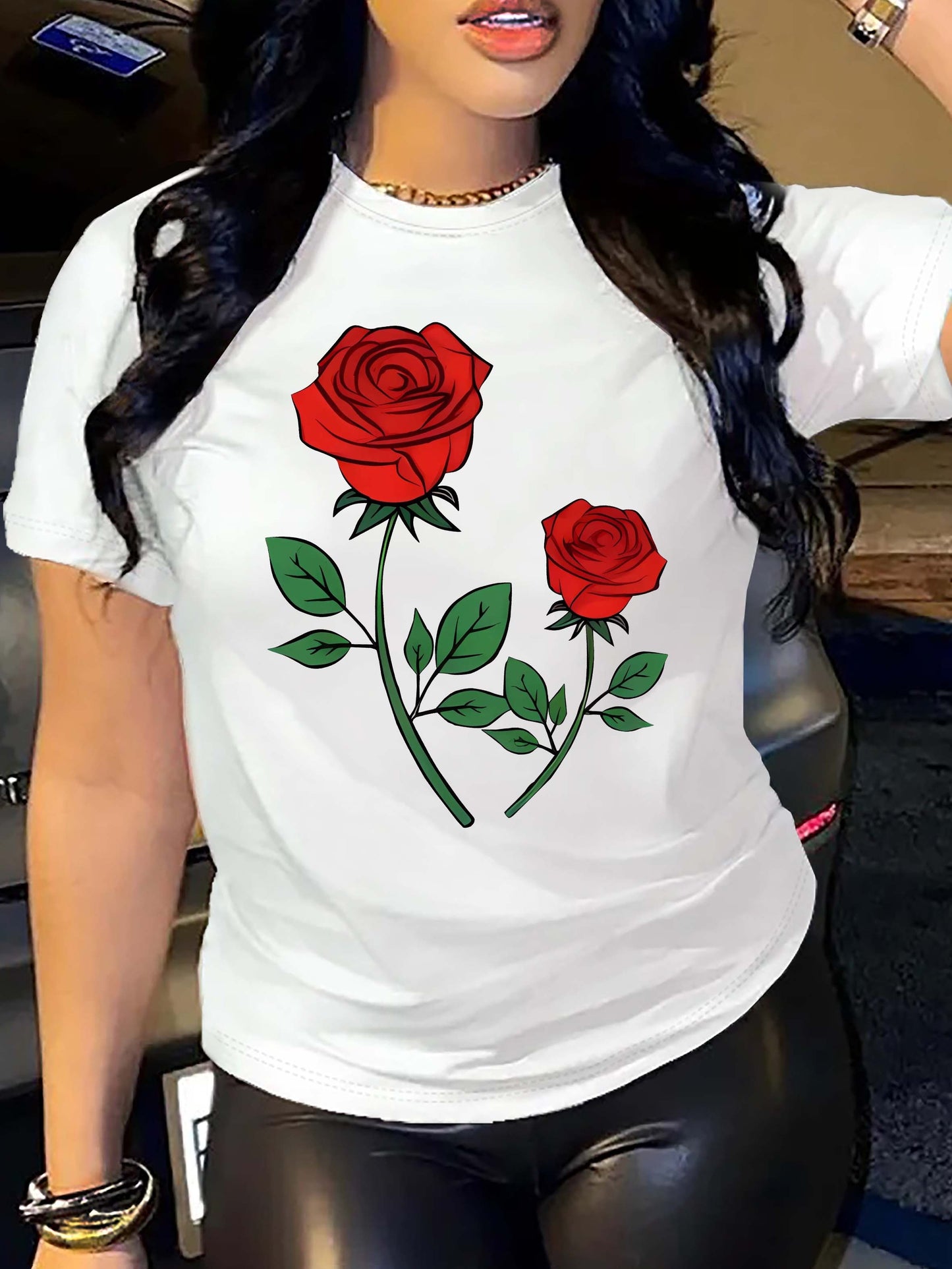 Rose Print Crew Neck T-Shirt, Casual Short Sleeve Top For Spring & Summer, Women's Clothing