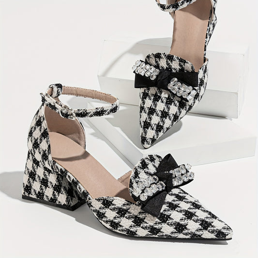 Women's Houndstooth Pattern Chunky Heels, Elegant Point Toe Dress Pumps, Stylish Bowknot Decor Buckle Strap Heels