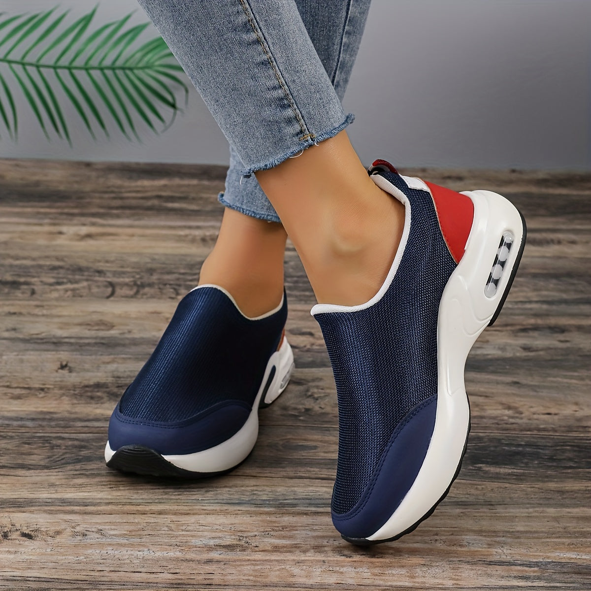 Women's Trendy Colorblock Chunky Sneakers, Stylish Slip On Air Cushion Shoes, Lightweight Low Top Shoes