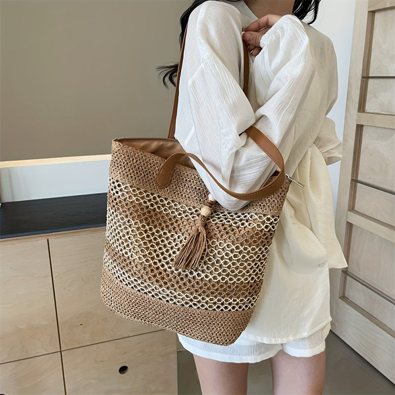 Casual Style Tote Bag With Tassel, Large Capacity Fabric Bag, Beach And Travel Bag For Women