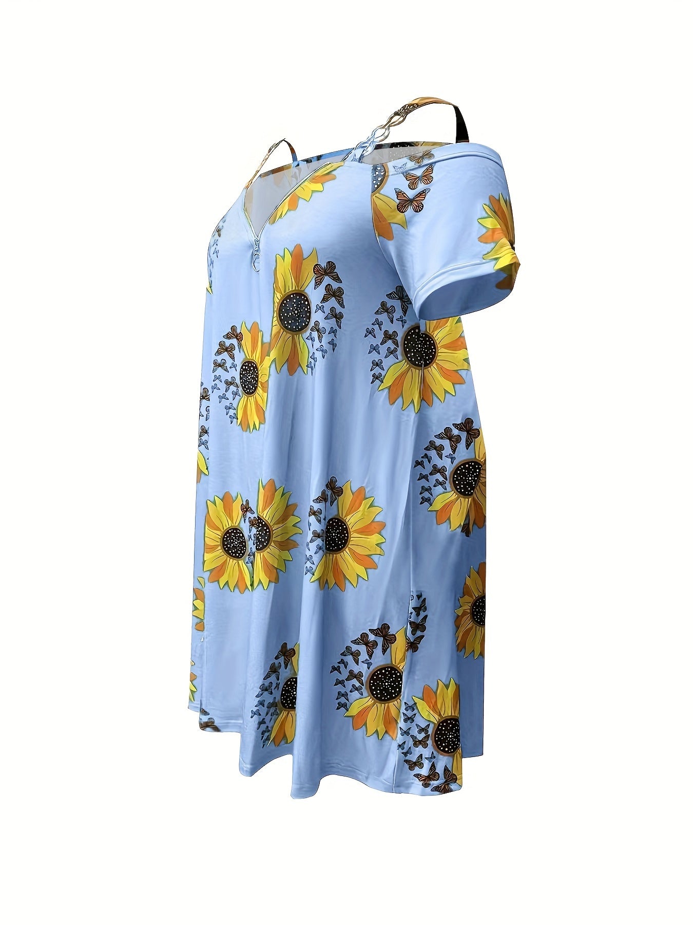 Plus Size Sunflower Print Cold Shoulder Dress, Casual Chain Detail Short Sleeve Dress For Spring & Summer, Women's Plus Size Clothing