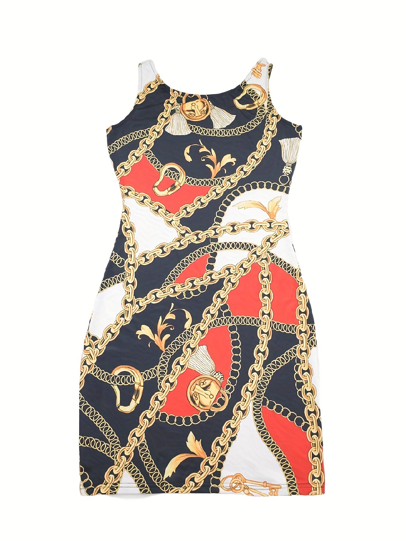 Chic Knee-High Chain Print Bodycon Dress - Crew Neck Sleeveless, Mid-Elastic Knit for Spring & Summer