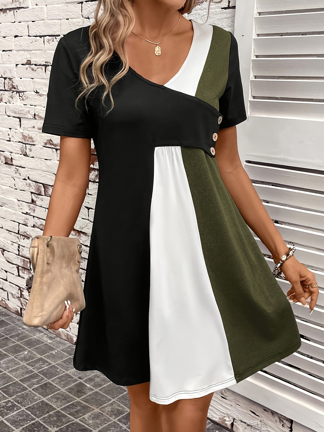 Color Block V Neck Button Dress, Casual Short Sleeve Loose Dress, Women's Clothing