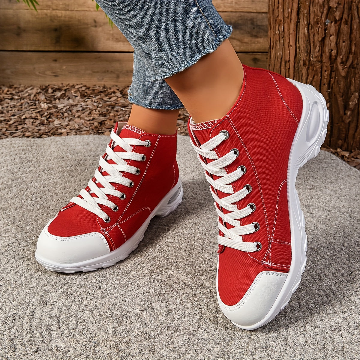 Women's Mid-Top Canvas Sneakers - Casual Lace-Up, Breathable Fabric, All-Season Comfort