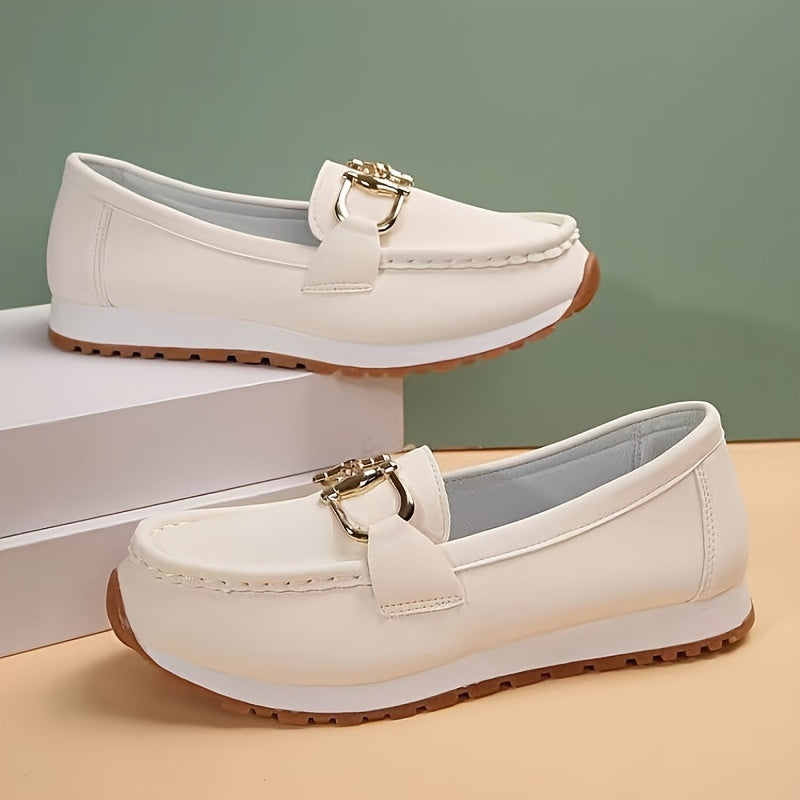 Women's Fashion Solid Color Loafers, Casual Slip-On Shoes With Metallic Buckle, Comfortable Soft Sole Closed Toe Shoes