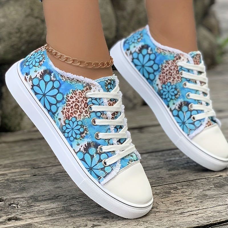 Women's Flower Print Canvas Sneakers, Raw Trim Lace Up Low Top Skate Shoes, Casual Round Toe Flats Shoes