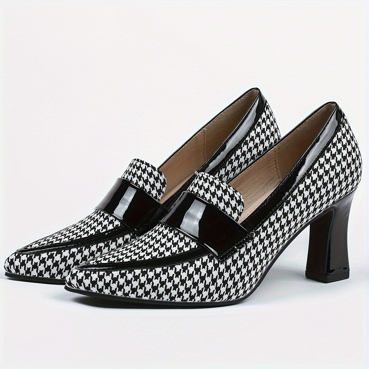 Women's Houndstooth Pattern Pumps, Fashion Pointed Toe Block Heels, All-Match Going Out Shoes